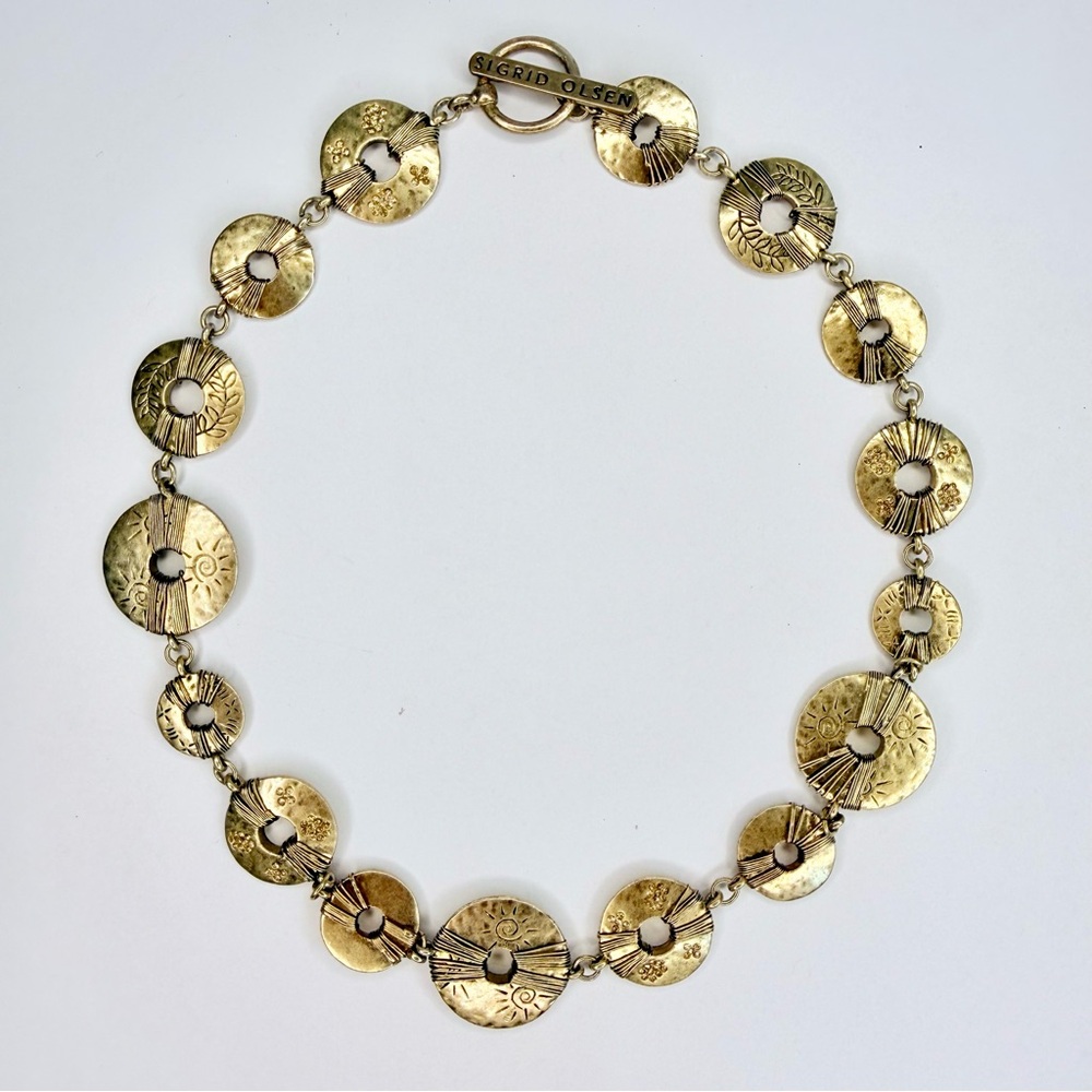 Rare Sigrid Olsen Brass Medallion Choker Sun & Leaf with Crystals